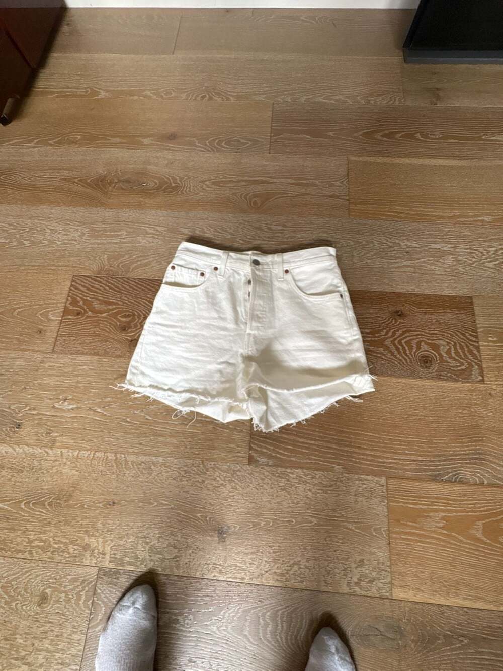 Levi's Premium Ribcage High-Waisted White Raw Hem Denim Shorts